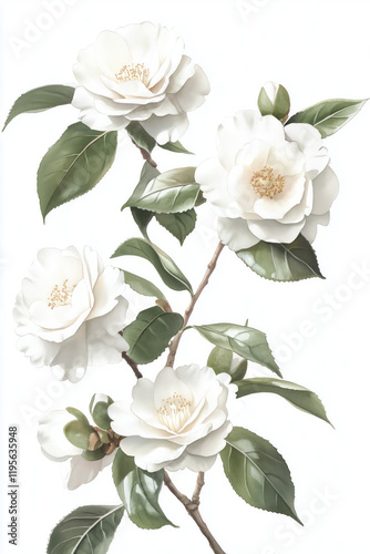 A Delicate Watercolor Painting of White Camellias in Soft, Refined Hues