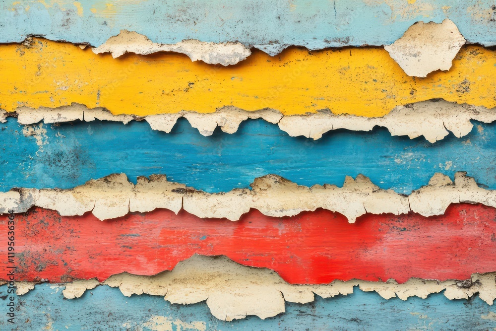 Obraz premium A painted surface with peeling layers exposing contrasting vibrant colors beneath