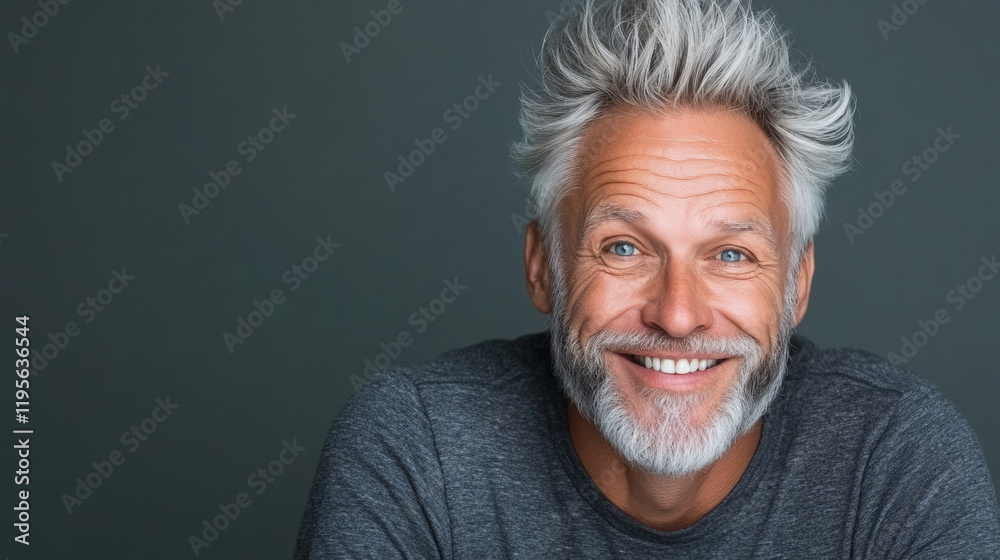 Smiling Middle-Aged Man With Gray Hair and Beard Showcasing Happiness Against a Dark Background Smiling Middle-Aged Man With Gray Hair and Beard Showcasing Happiness Against a Dark Background