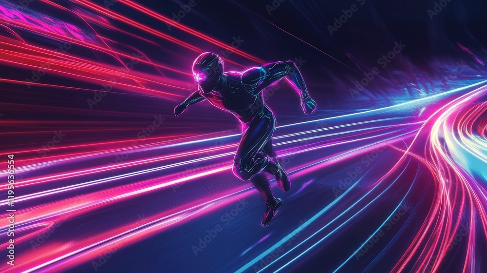 Futuristic Runner Streaking Through Neon Light Trails Futuristic Runner Streaking Through Neon Light Trails