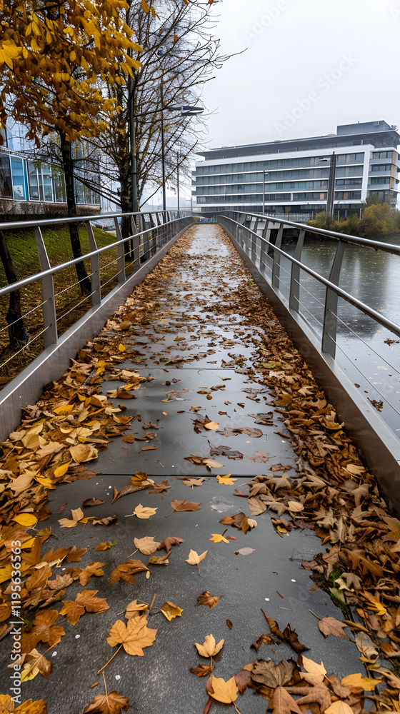 Obraz premium Autumn pathway covered with fallen leaves near a modern building, perfect for seasonal concepts