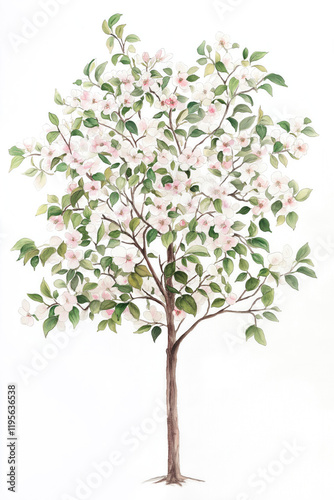 A Delicate Watercolor Painting of an Apple Tree in Full Blossom