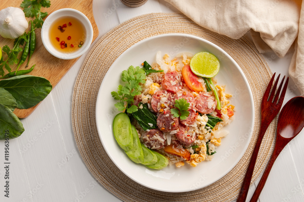 Thai Fried Rice with Sour Pork, Stir fried rice with fermented pork and egg in white plate.(Khao Pad Naem).Top view. Thai Fried Rice with Sour Pork, Stir fried rice with fermented pork and egg in white plate.(Khao Pad Naem).Top view.