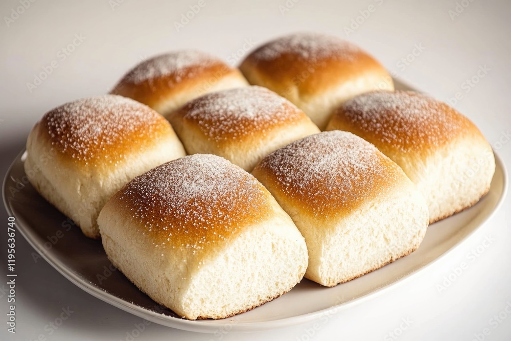 Soft, golden-brown bread rolls dusted with sugar, inviting and f Soft, golden-brown bread rolls dusted with sugar, inviting and f