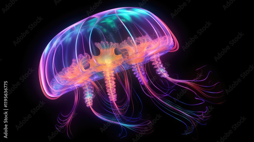 Fototapeta premium Glowing Jellyfish: Dark Background & Iridescent Colors. Neon Animal Isolated by Psychic Waves Using Generative AI Technology