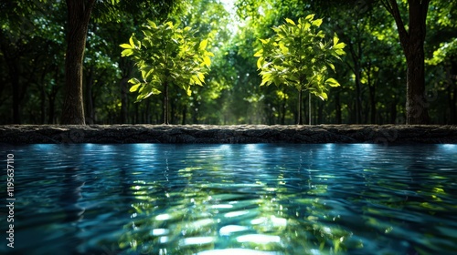 Tranquil reflections on water surrounded by lush trees in a serene nature landscape