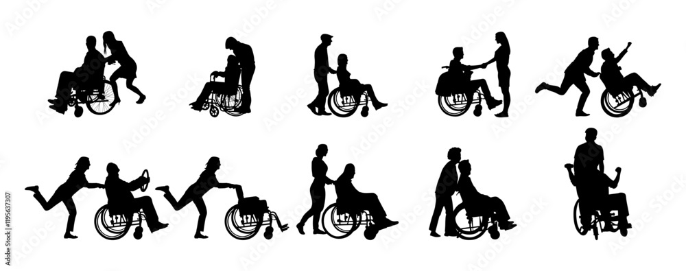 Couple in wheelchair vector silhouette set Couple in wheelchair vector silhouette set