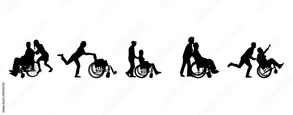 Fototapeta premium Couple in wheelchair vector silhouette set
