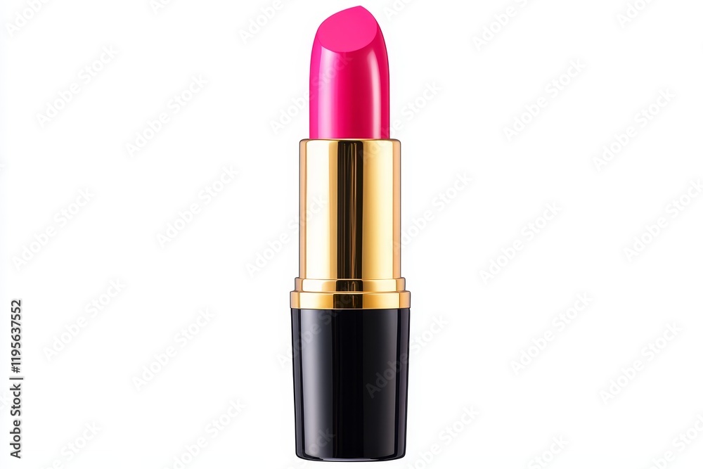 Vibrant Pink Lipstick Tube - A single tube of vibrant pink lipstick with a gold band and black casing, set against a white background. Vibrant Pink Lipstick Tube - A single tube of vibrant pink lipstick with a gold band and black casing, set against a white background.