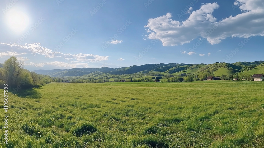 Fototapeta premium Panoramic Countryside with Rolling Green Hills and Bright Sunny Fields in a Tranquil Rural Landscape