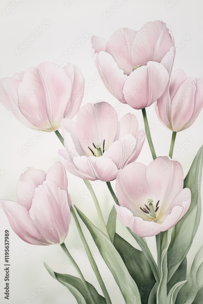 Fototapeta premium A Gentle Watercolor Painting of Pale Pink Tulips in Soft Shades
