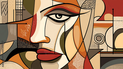 A woman's face is drawn in a colorful, abstract style