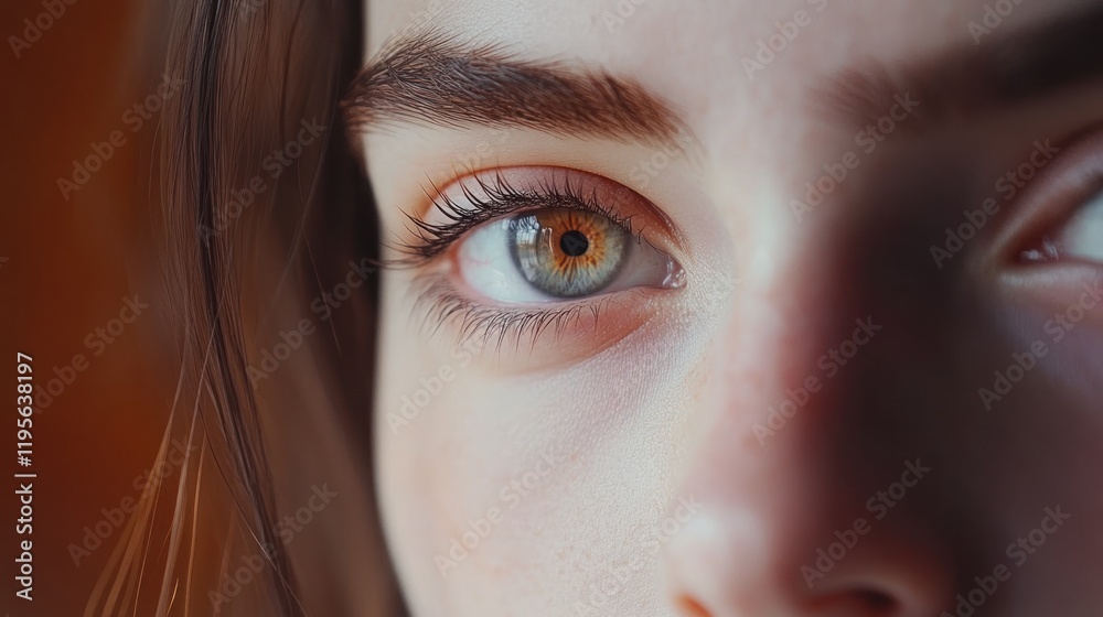 Fototapeta premium Woman's eye gazing, closeup, indoors, warm background, beauty