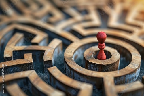 Red pawn standing at the center of a wooden maze symbolizing success and problem solving photo