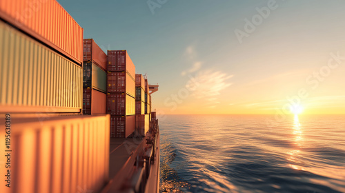Massive Cargo Ship Sails at Sunset With Stacked Containers Reflecting Golden Hues on the Water