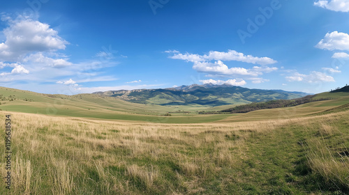Panoramic Countryside with Rolling Green Hills and Bright Sunny Fields in a Tranquil Rural Landscape







