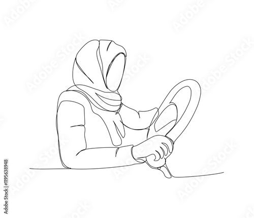Muslim woman driving a car, Arab woman sitting behind the wheel one line art. Continuous line drawing of online Muslims, Islam, traditions, clothing, folk, oriental.