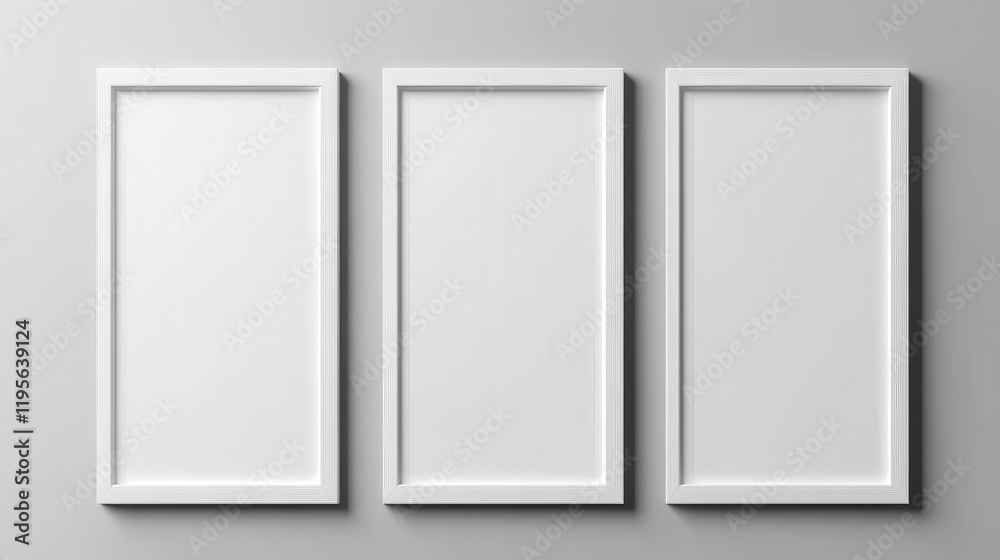 Three blank vertical white frames on a grey wall Three blank vertical white frames on a grey wall