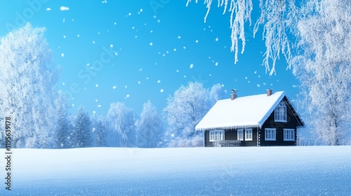 Winter Wonderland Cabin - A cozy cabin sits nestled in a snow covered winter landscape, snowflakes gently falling from a bright blue sky. photo