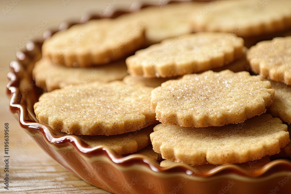 Golden cookies arranged neatly on decorative plate, showcasing i Golden cookies arranged neatly on decorative plate, showcasing i