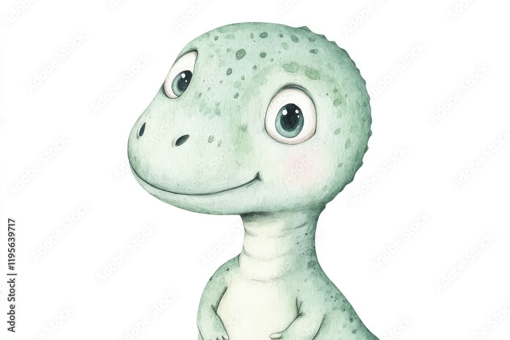 Naklejka premium Charming cartoon dinosaur with large expressive eyes and friendl