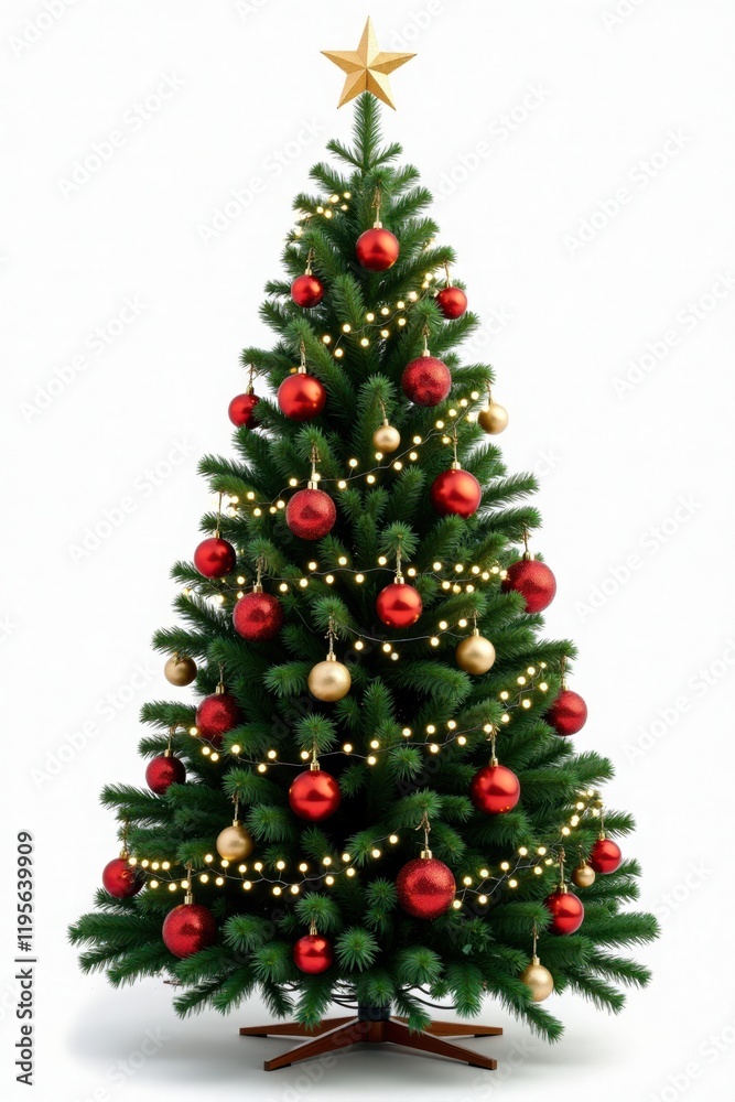 A tall, lush Christmas tree with deep green needles is beautifully adorned with shiny, red and gold ornaments. Twinkling white lights wrap around the branches, and a sparkling star sits atop. A tall, lush Christmas tree with deep green needles is beautifully adorned with shiny, red and gold ornaments. Twinkling white lights wrap around the branches, and a sparkling star sits atop.