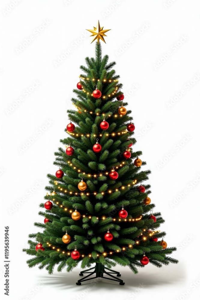 A tall, lush Christmas tree with deep green needles is beautifully adorned with shiny, red and gold ornaments. Twinkling white lights wrap around the branches, and a sparkling star sits atop. A tall, lush Christmas tree with deep green needles is beautifully adorned with shiny, red and gold ornaments. Twinkling white lights wrap around the branches, and a sparkling star sits atop.