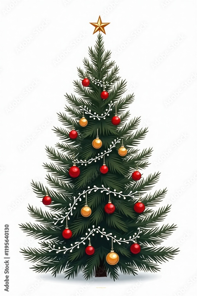 A tall, lush Christmas tree with deep green needles is beautifully adorned with shiny, red and gold ornaments. Twinkling white lights wrap around the branches, and a sparkling star sits atop A tall, lush Christmas tree with deep green needles is beautifully adorned with shiny, red and gold ornaments. Twinkling white lights wrap around the branches, and a sparkling star sits atop