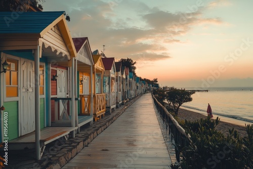 Colorful beach huts line serene coastal walkway at sunset, enhan photo