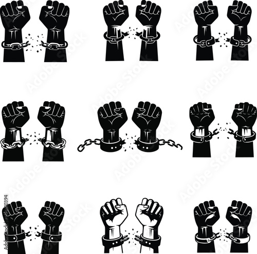 Collection of paired fists breaking chains, symbolizing freedom, liberation, and unity