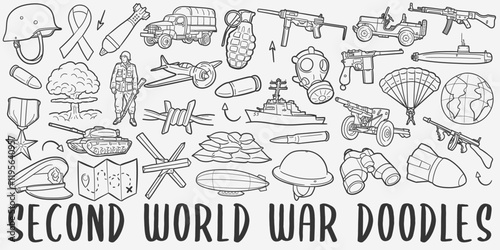 Second World War Doodle Icons. Hand Made Line Art. WW2 Clipart Logotype Symbol Design. photo