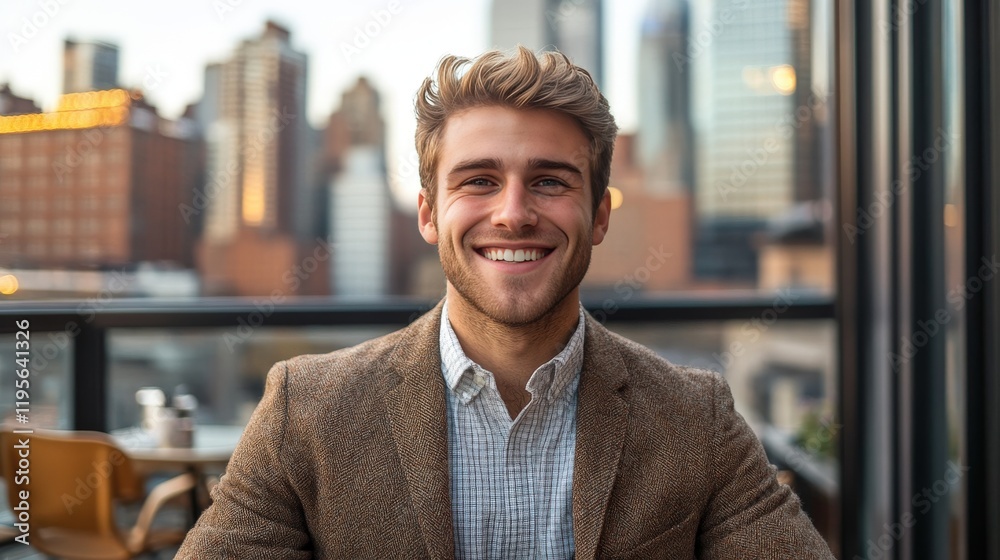 Fototapeta premium Handsome Man Smiling Outdoors City Background