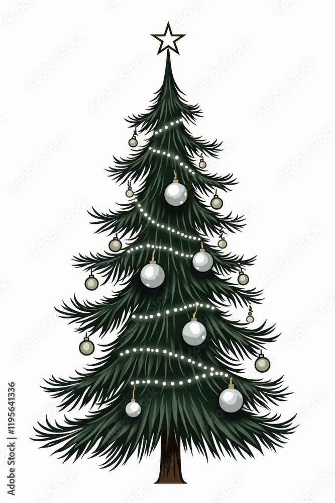 Fototapeta premium A tall, lush Christmas tree with deep green needles is beautifully adorned with shiny, silver and olive ornaments. Twinkling white lights wrap around the branches, and a sparkling star sits atop