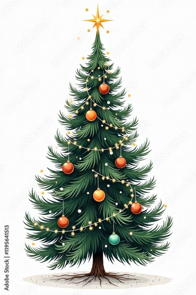 Fototapeta premium A tall, lush Christmas tree with deep green needles is beautifully adorned with shiny, terracotta and emerald ornaments. Twinkling white lights wrap around the branches, and a sparkling star sits atop