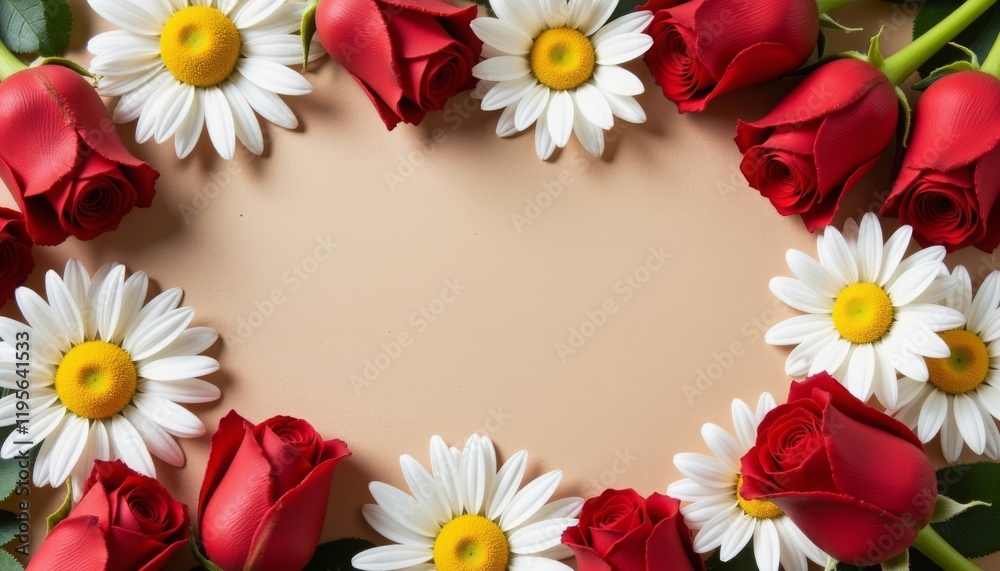 Fototapeta premium Romantic floral arrangement with red roses and white daisies, elegance