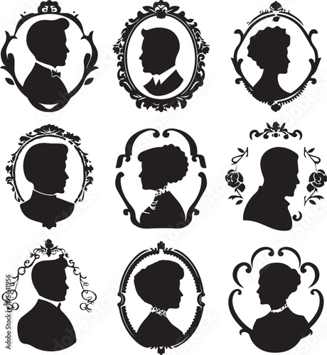 Female and Male faces silhouettes vintage isolated on white background 