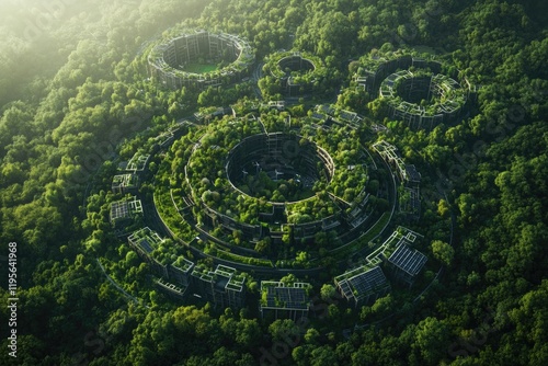 Ancient ruins emerge from dense forest, showcasing circular stru photo