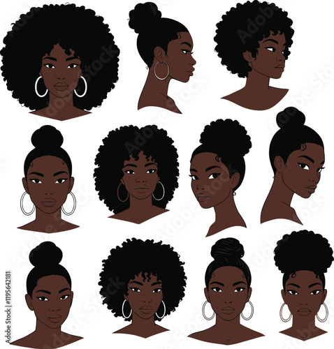 Set of diverse illustrations of Black women with various hairstyles