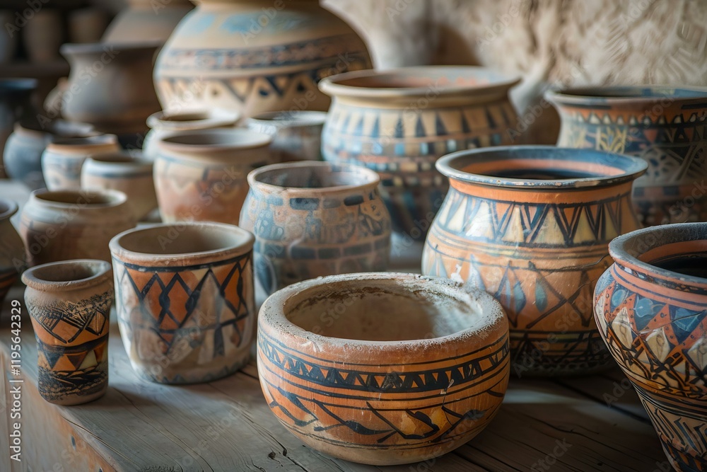 Several ancient clay pots with traditional ornaments are displayed on a wooden table Several ancient clay pots with traditional ornaments are displayed on a wooden table