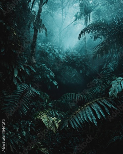 Dense foliage enveloped in mist creates mystical jungle atmosphe photo