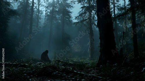 Bigfoot in a dark forest with moody lighting