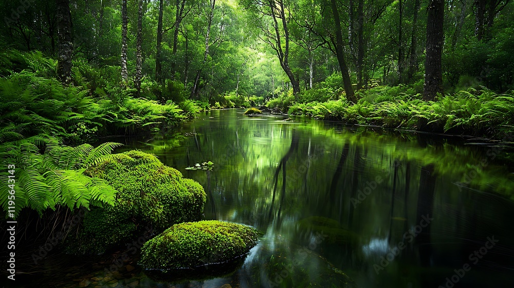 Fototapeta premium A calm river surrounded by dense ferns and moss-covered rocks, with trees lining the banks