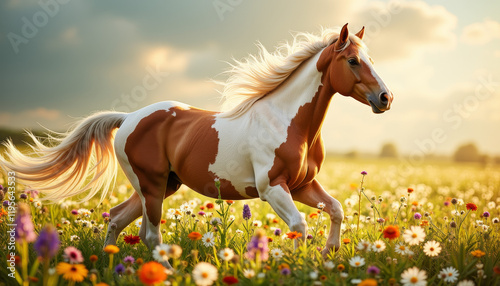 Noble horse galloping through wildflowers in sunlight, beauty of nature