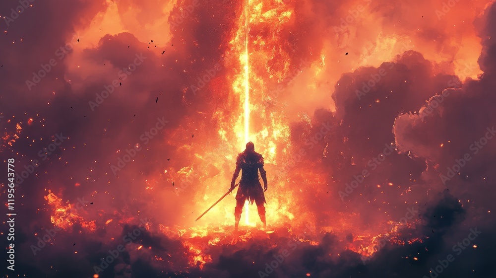 Fototapeta premium Warrior Stands Before Fiery Celestial Column of Light