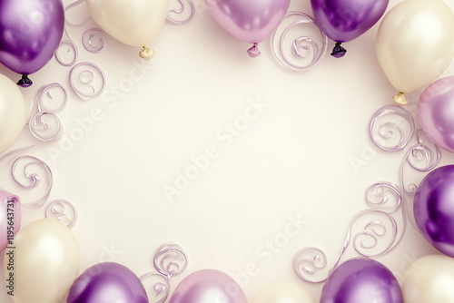 The image features a border of vibrant balloons and streamers in shades of purple and white arranged on a light, solid background