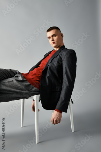 A young man in a stylish outfit leans casually on a white chair, showcasing a thoughtful look.