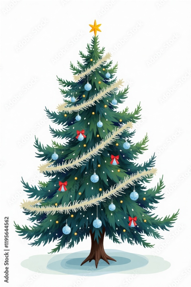 A beautifully shaped Christmas tree with dense, dark green foliage is displayed against a white backdrop, featuring an array of blue and silver ornaments, shimmering tinsel, and bright red bows. A beautifully shaped Christmas tree with dense, dark green foliage is displayed against a white backdrop, featuring an array of blue and silver ornaments, shimmering tinsel, and bright red bows.