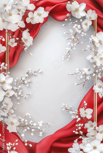 Red silk frame with white flowers; elegant background for invitation