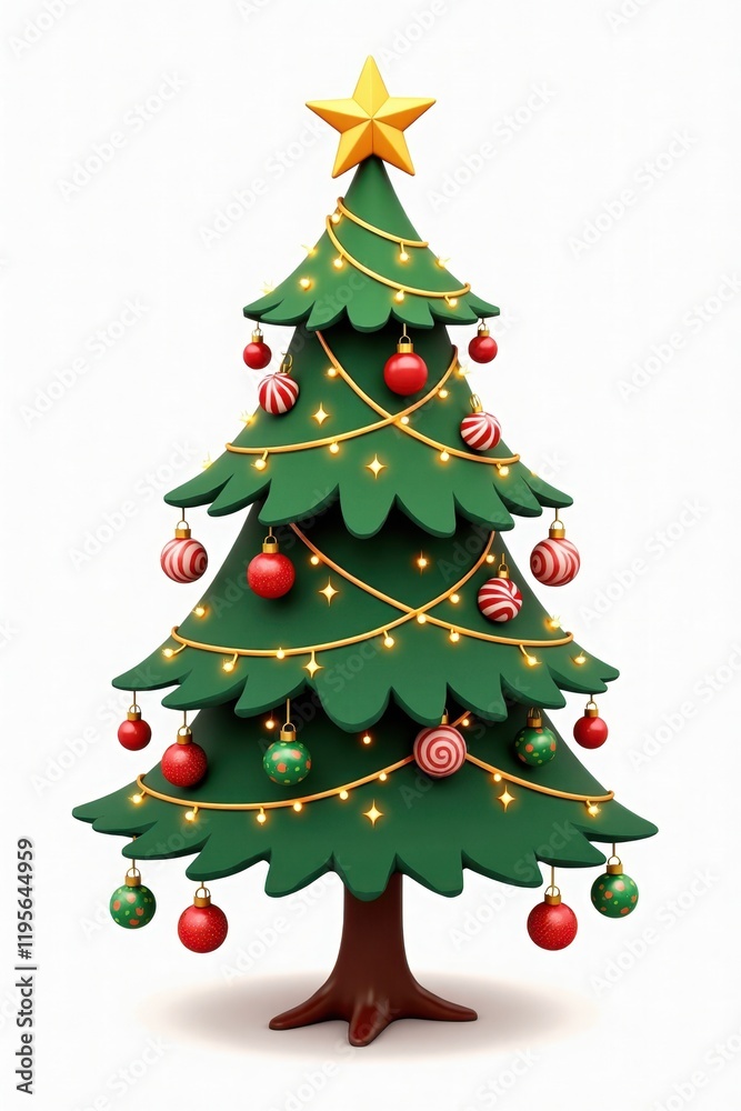 A charming Christmas treeis without a stand, is isolated against a white background, decorated with vibrant ornaments in red, green, and gold, along with twinkling lights and sweet candy decorations A charming Christmas treeis without a stand, is isolated against a white background, decorated with vibrant ornaments in red, green, and gold, along with twinkling lights and sweet candy decorations