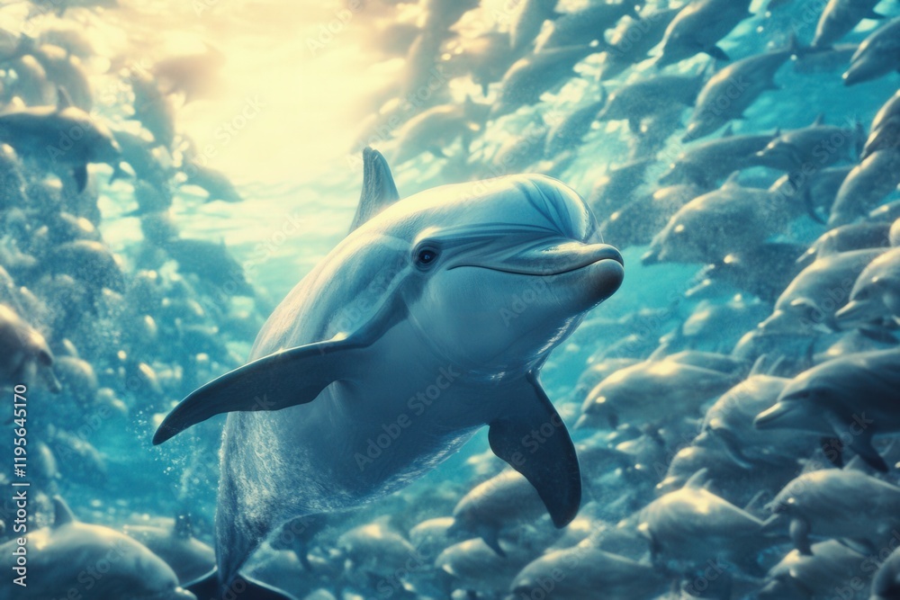 Fototapeta premium Majestic Dolphin Swimming Amongst a Thriving School of Fish in a Sparkling Ocean Underwater Scene, Capturing the Beauty of Marine Life and Ecosystem Harmony